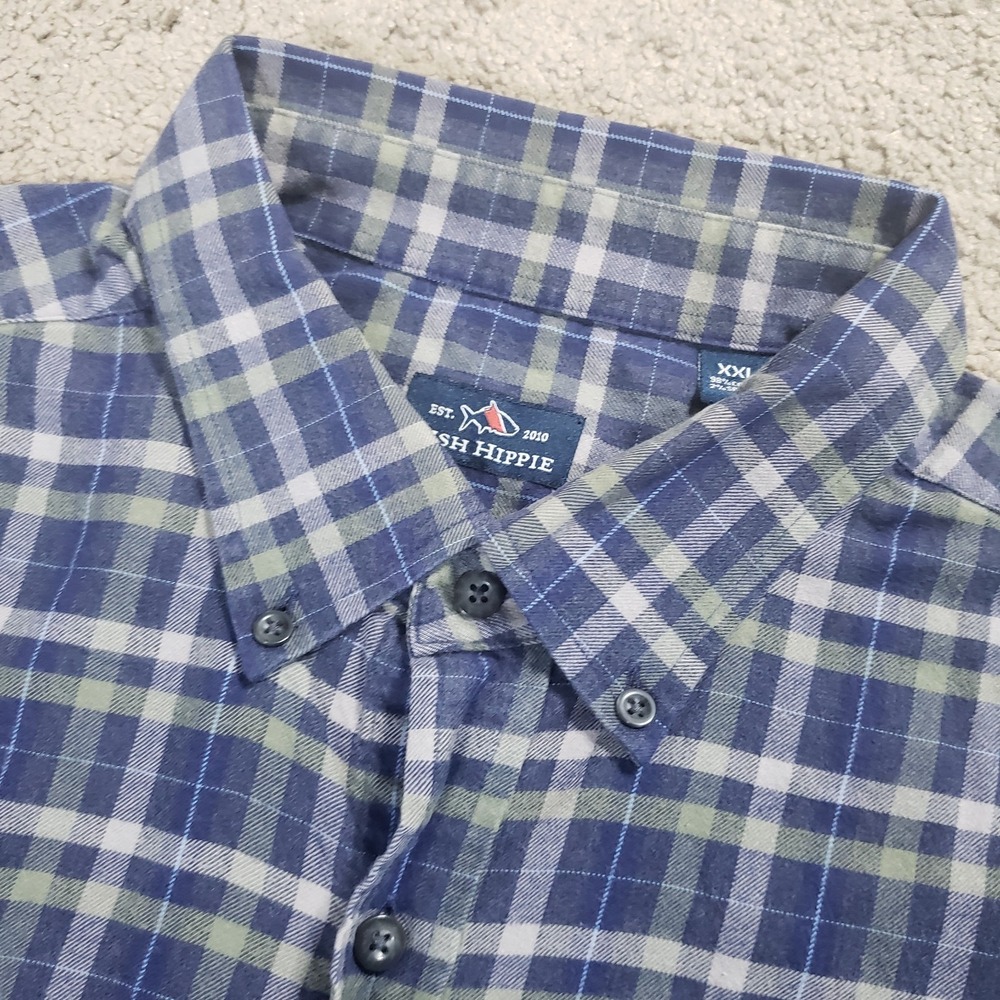 Fish Hippie Shirt Men XXL Blue Plaid Stretch Button Up Long Sleeve Preppy Casual